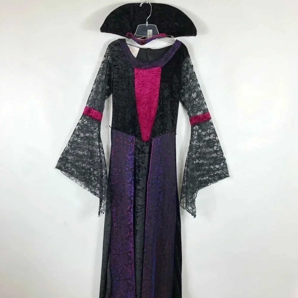 Girls Large 12-14 Goth Vampire Dress Long Dress Costume‎ Lace Halloween Black